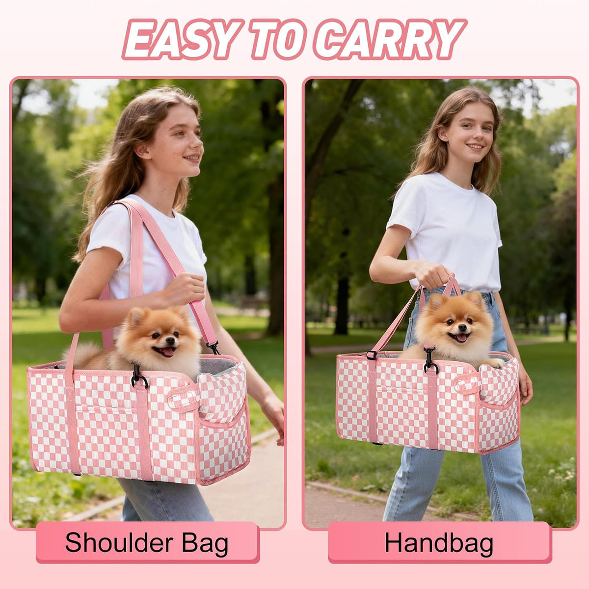 Console Dog Car Seat for Small Dogs, Foldable Booster Seat, Pink Checkered