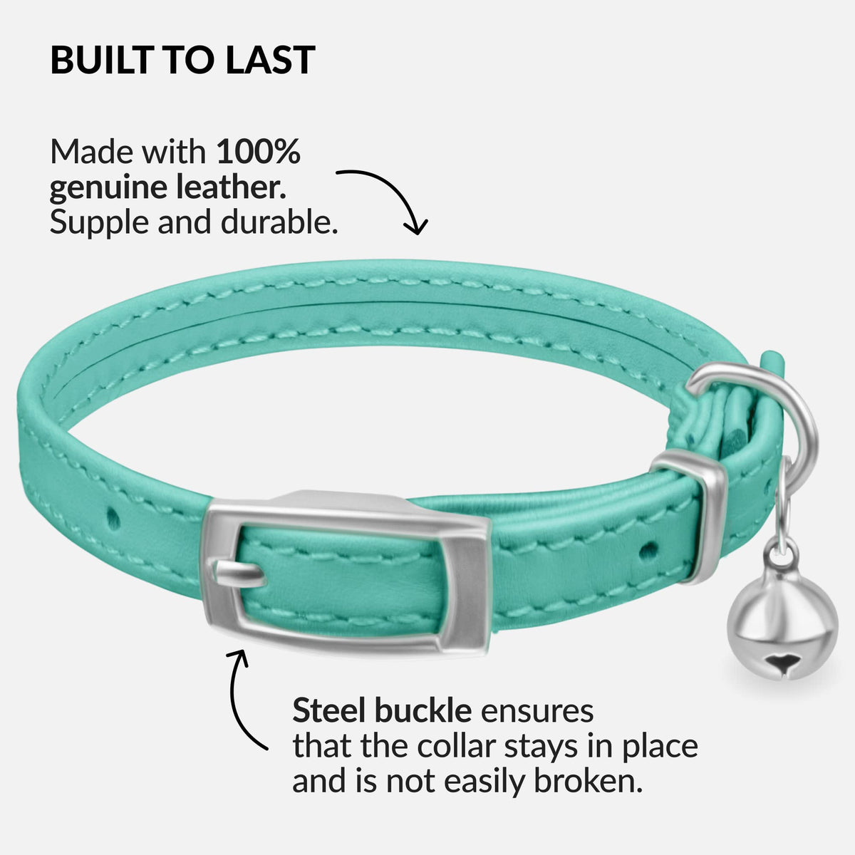 Soft Leather Cat Collar with Safety Elastic Strap - Mint Green