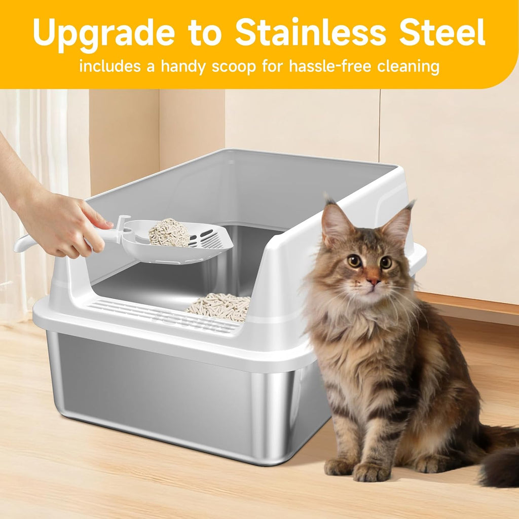 Stainless Steel Litter Box with Scoop,Small Metal Pan for Cats, Light Gray