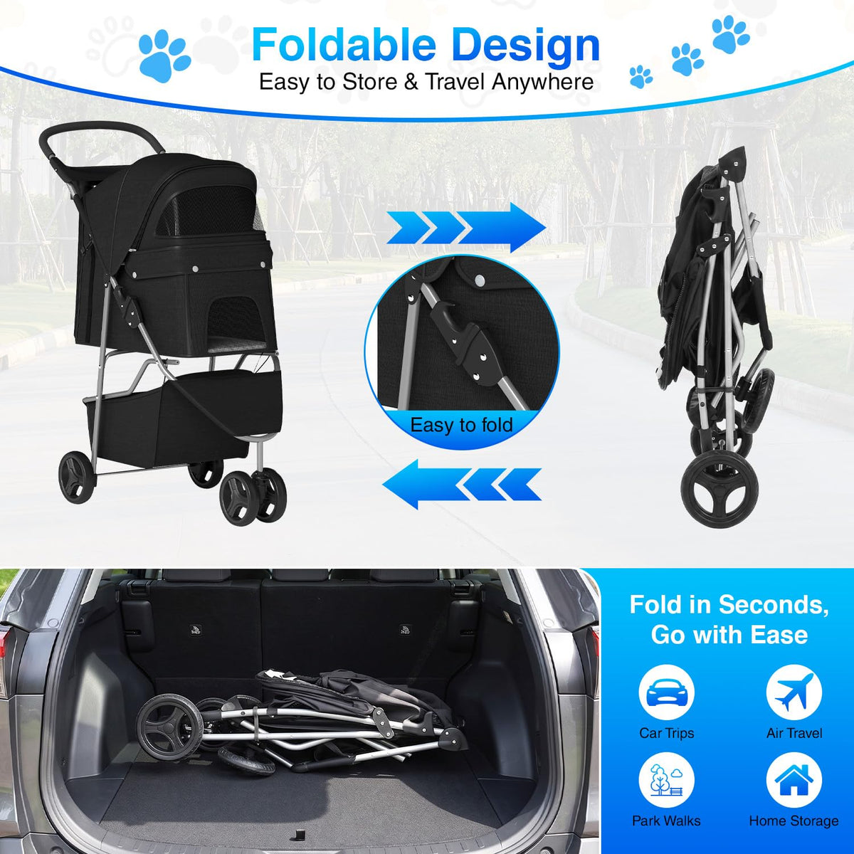 NChanmar 3-Wheel Pet Stroller Foldable Dog and Cat Stroller Black