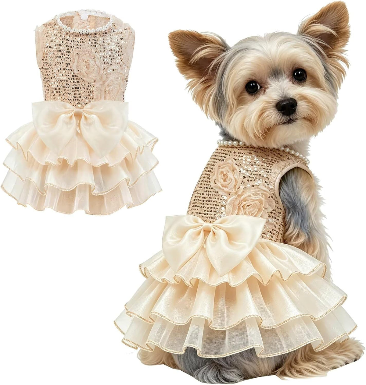 Sparkling Dog Dresses Sequin Cute Dog Birthday Dress with Pearl Neck