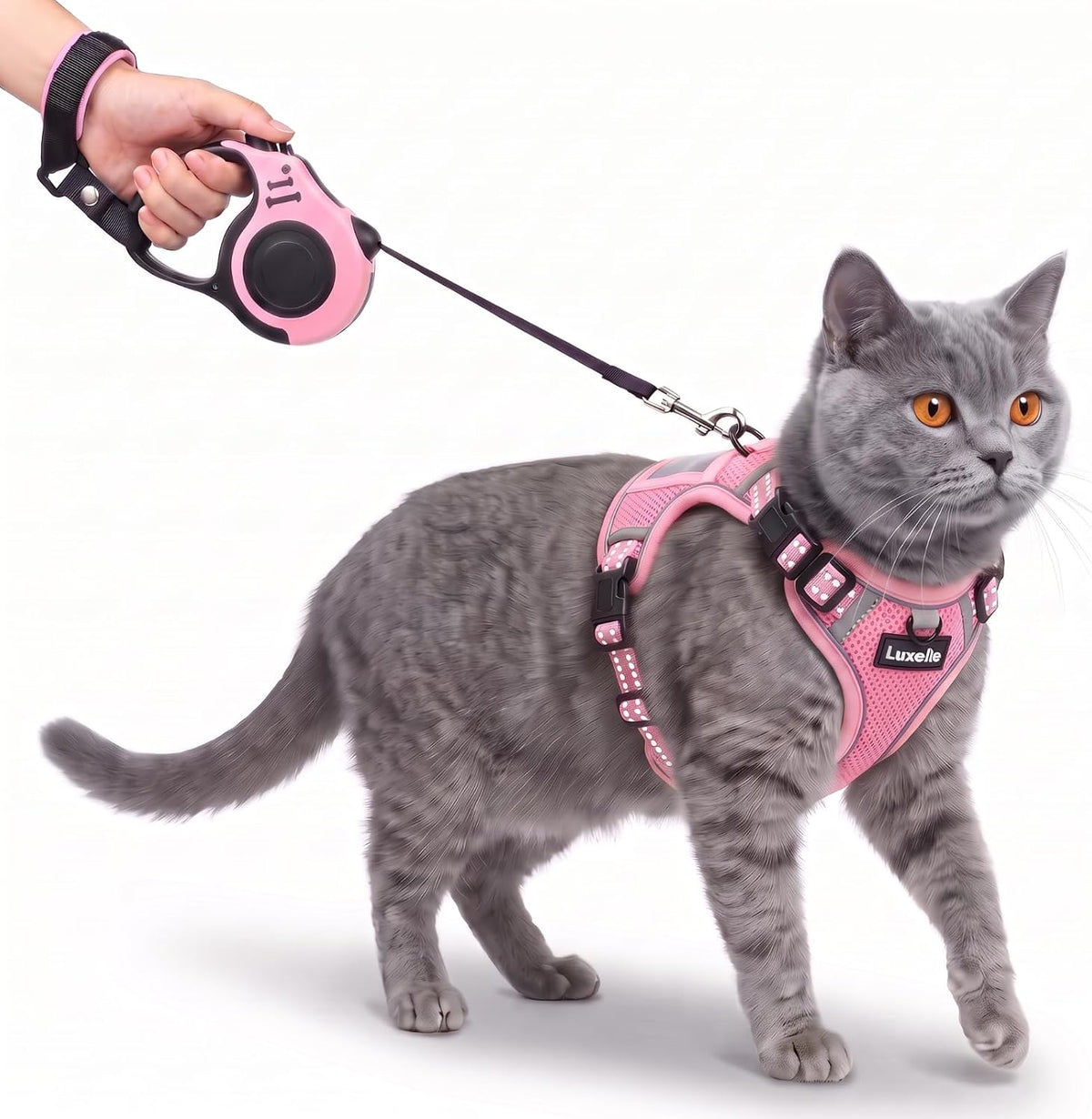 Luxelle Escape Proof Cat Harness with Retractable Leash & Wrist Strap Set