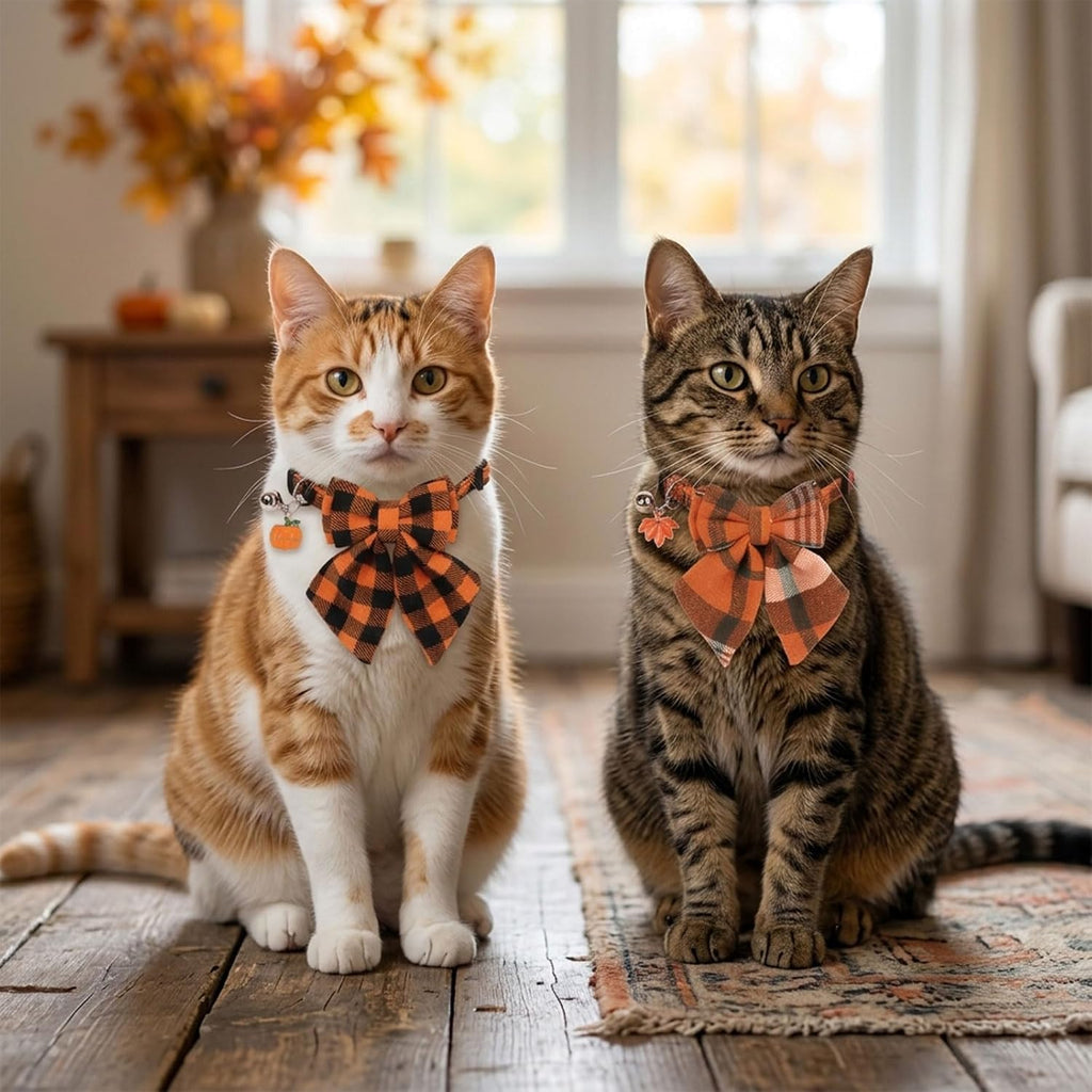 PTDECOR Fall Cat Collar with Stylish Bow, Thanksgiving Orange Plaid Collar