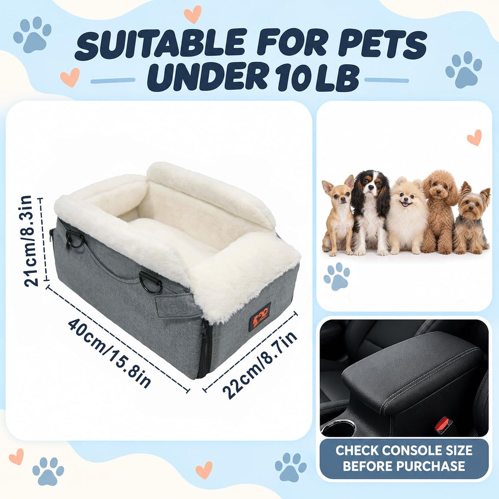 Dog Car Seat for Center Console, Foldable Pet Car Seat for Small Dogs Cats up to 10 lbs, Ultra-Soft Faux Rabbit Fur Pupp