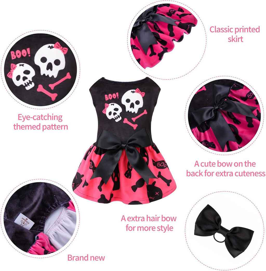CuteBone Halloween Dog Dress Skulls Velvet for Small Dogs Girl Puppy Dresses Pink Dog Clothes