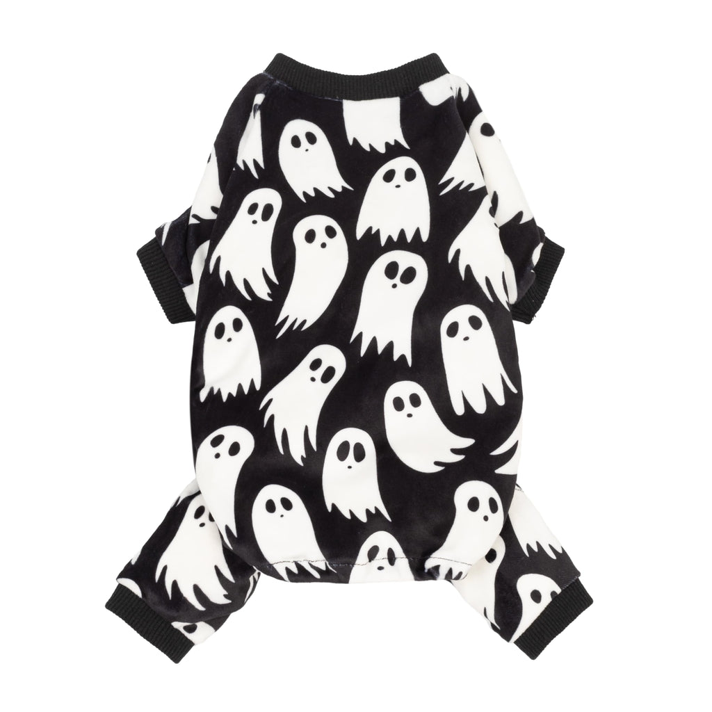 Fitwarm Halloween Ghost Dog Pajamas, Funny Halloween Costumes for Dogs, Fleece Dog Onesie with Feet, Doggy Clothes for Small Dogs Boy Girl, Pet Apparel, Black, White, Medium