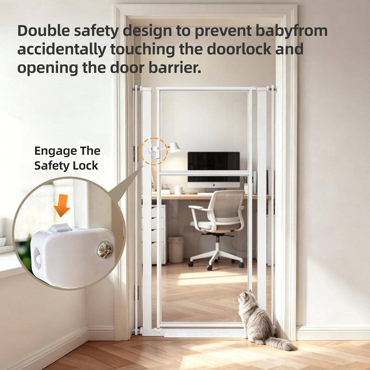 56" Extra Tall Clear Cat Gate, 29.5‑33.5" Wide Pet Gate for Doorways, White