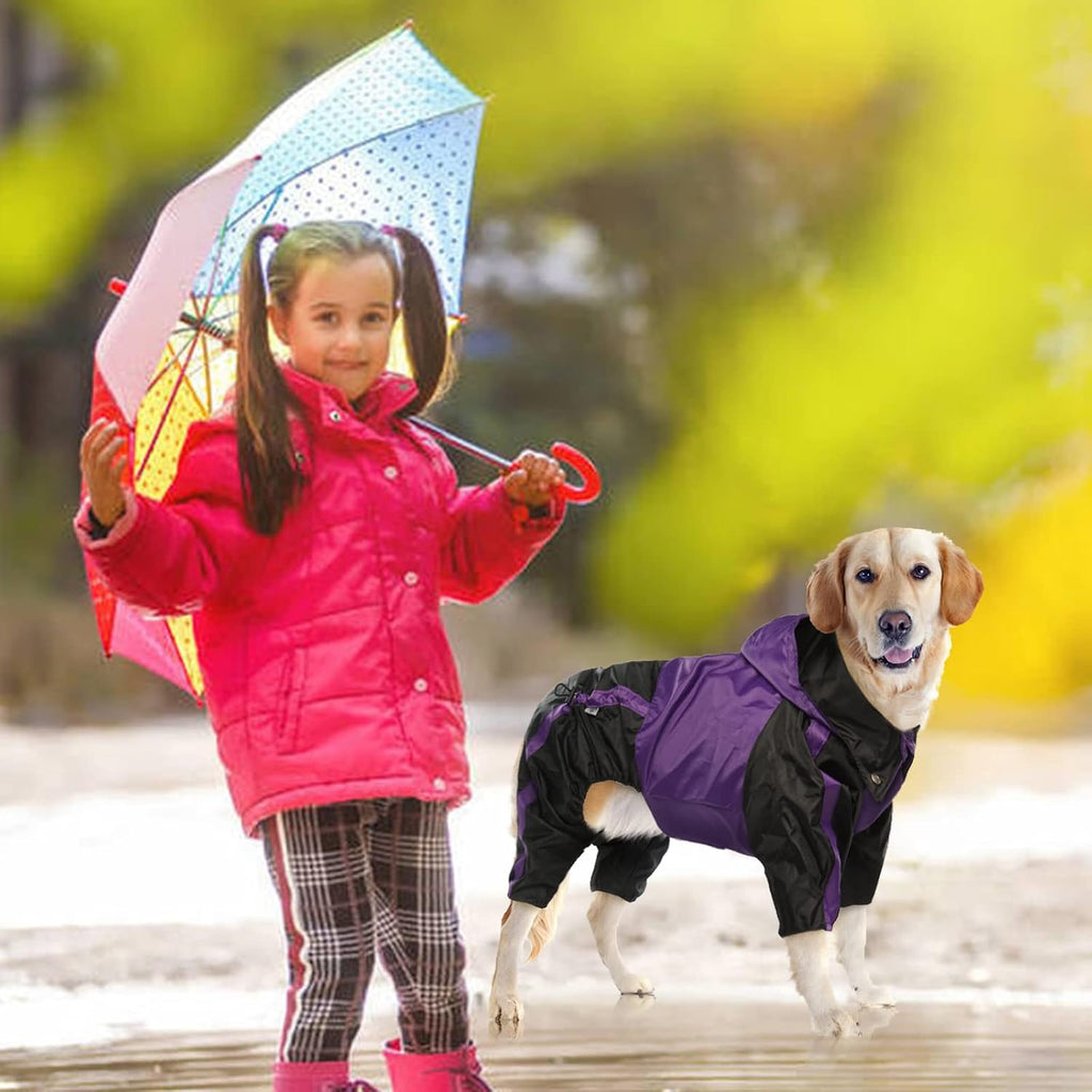 Dog Raincoat, 4 Leg Waterproof Dog Rain Jacket with Hood, Purple M