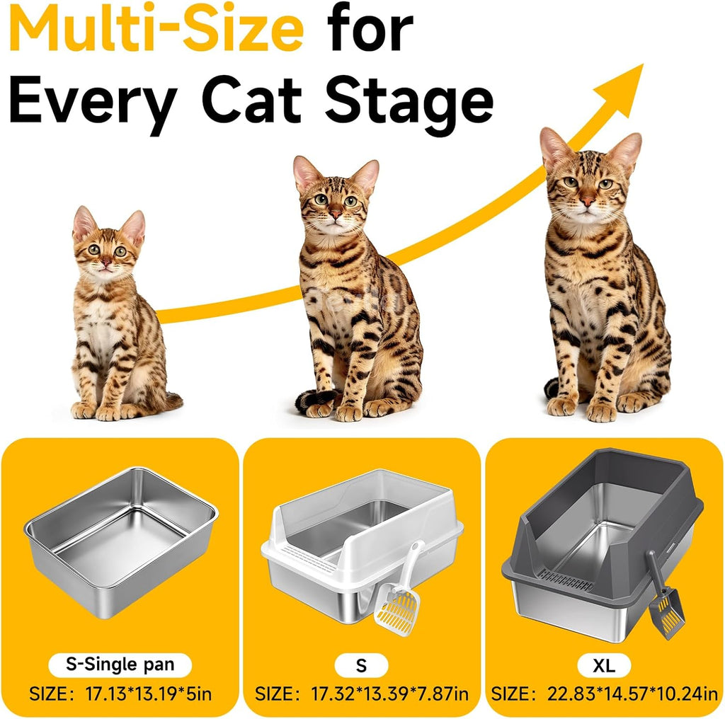 Stainless Steel Litter Box with Scoop,Small Metal Pan for Cats, Light Gray