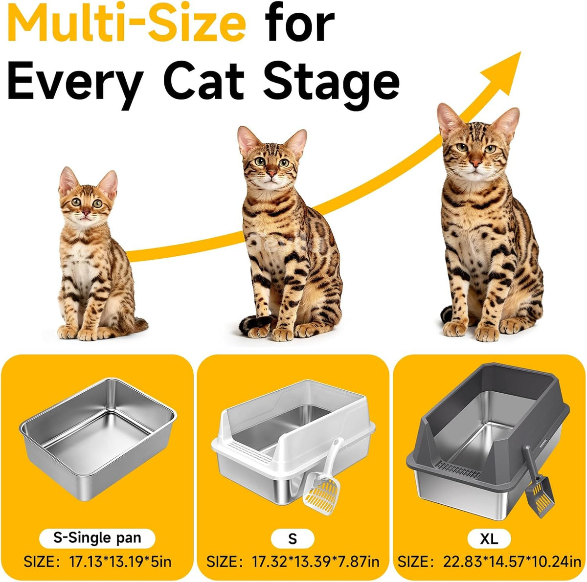 Stainless Steel Litter Box with Scoop,Small Metal Pan for Cats, Light Gray