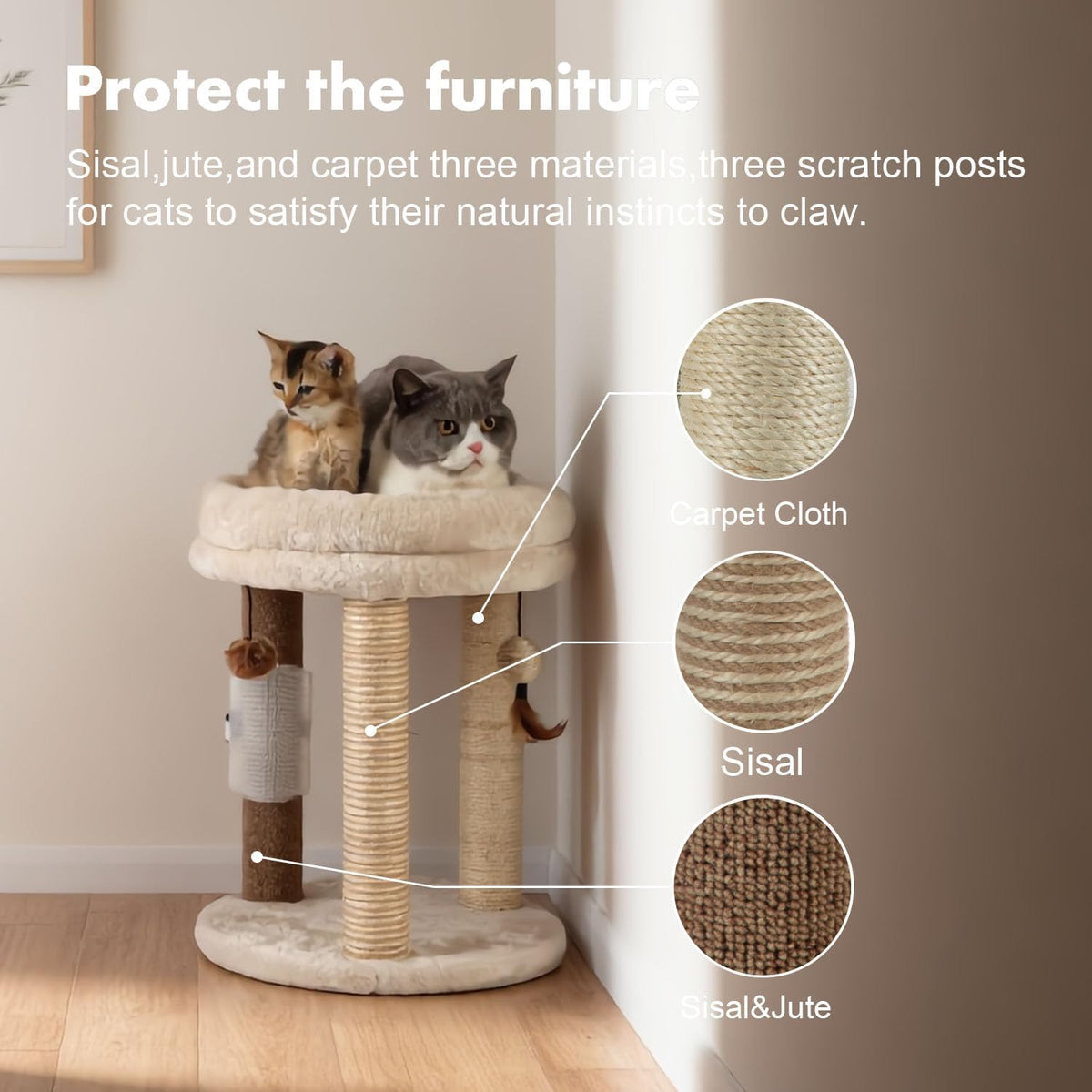 MECOOL 4in1 Small Cat Tree,Scratching Post with Tower Soft Bed, Sisal Carpet Jute Posts with Three Hanging Ball Toys and