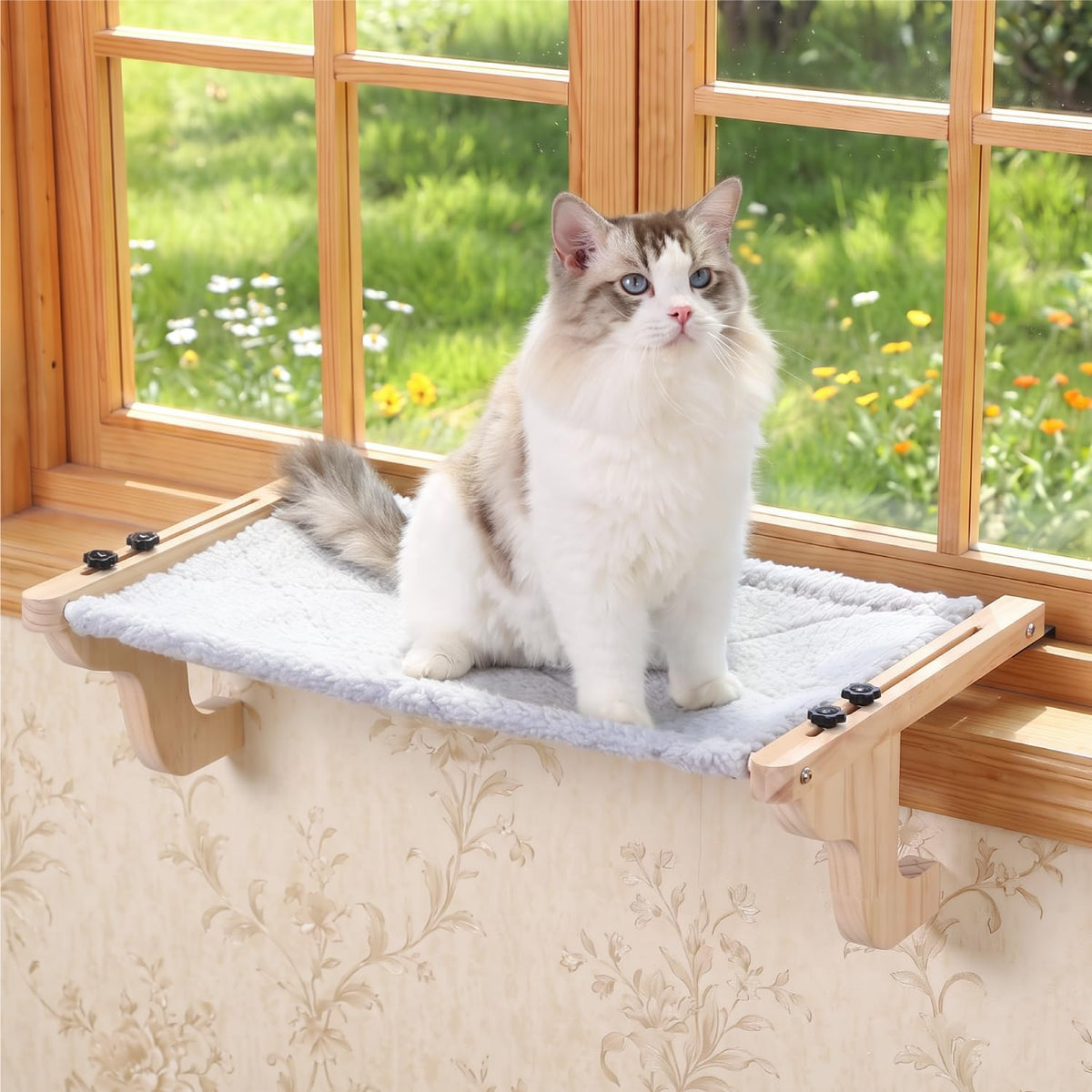 Zakkart Easy Seat Cat Perch for Windowsill (Dark Stained Wood/Gray, M)