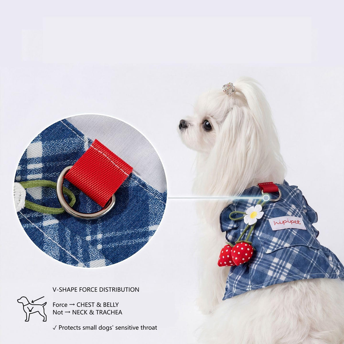 Strawberry Denim Dog Dress with Leash Hole, Suspender Skirt for Small Dogs