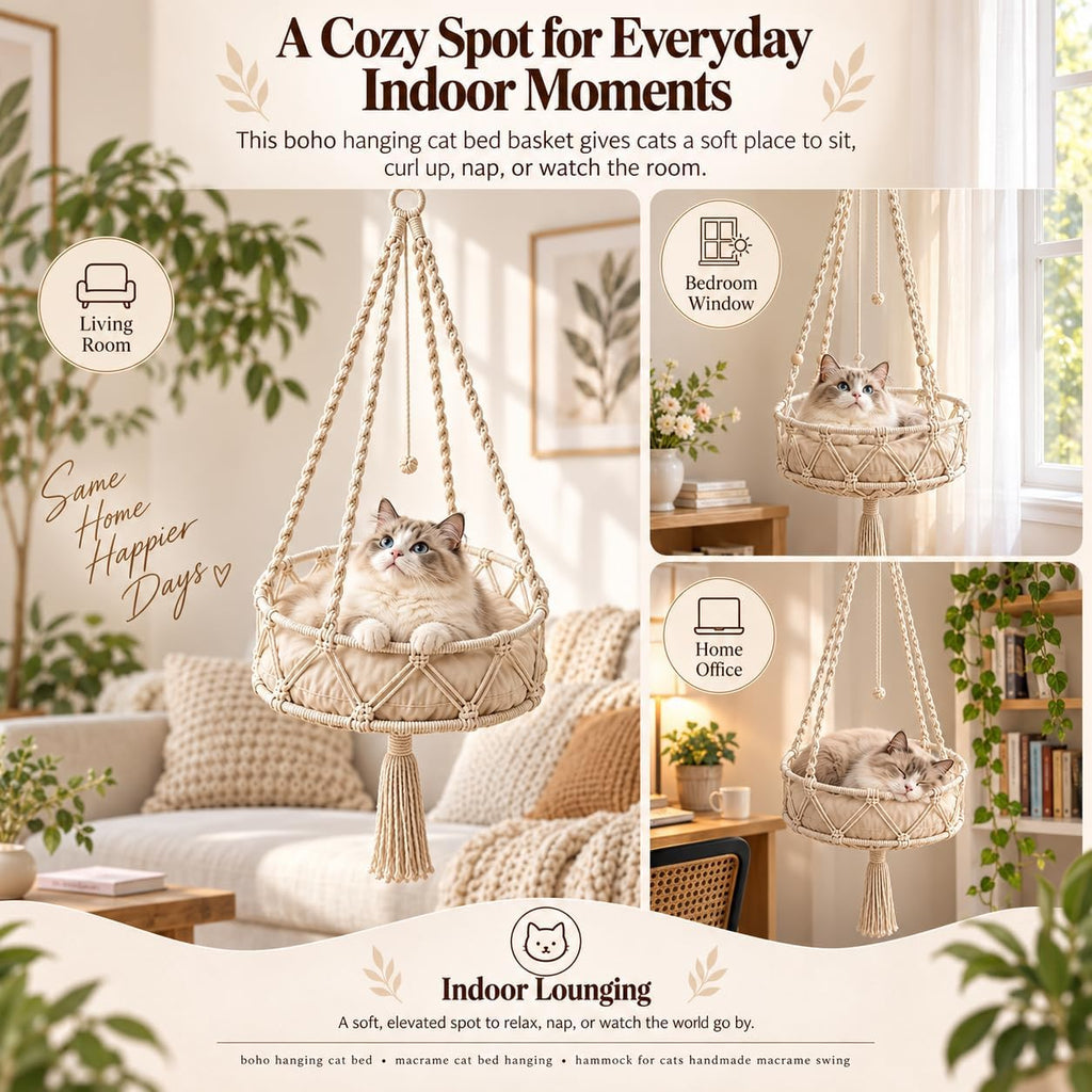 12-16in Boho Hanging Cat Hammock with Removable Plush Cushion (C, 16 * 48in)