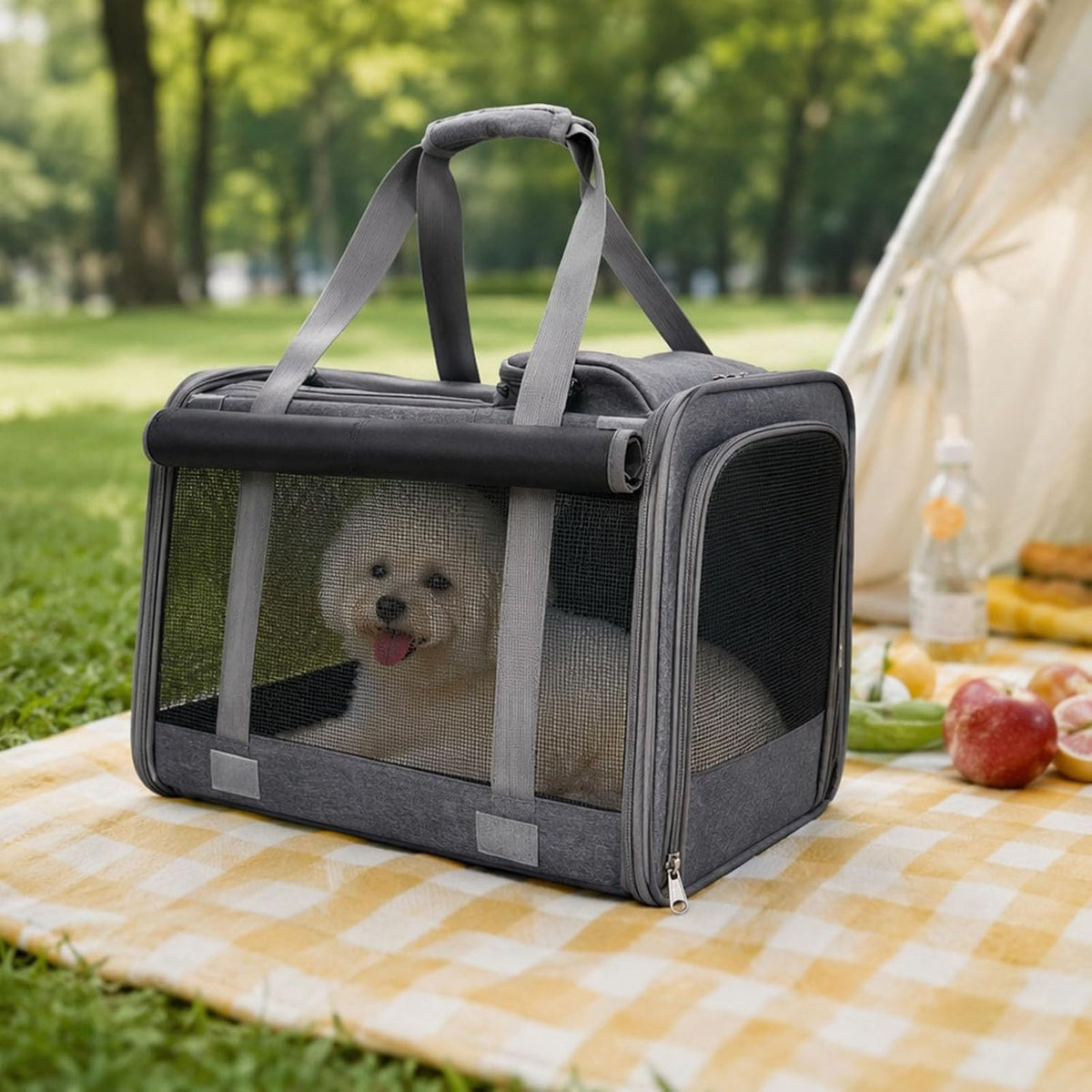 Foldable 600D Oxford Cat Dog Carrier Bag Breathable Mesh (Gray)