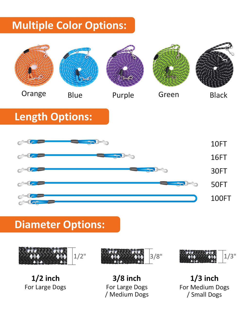 Long Dog Leash for Training 10FT/16FT/20FT/30FT/50FT/100FT, Reflective Tie Out, Heavy Duty Dog Lead for Large, Medium & Small Dogs - Outside Walking, Playing, Camping, Yard