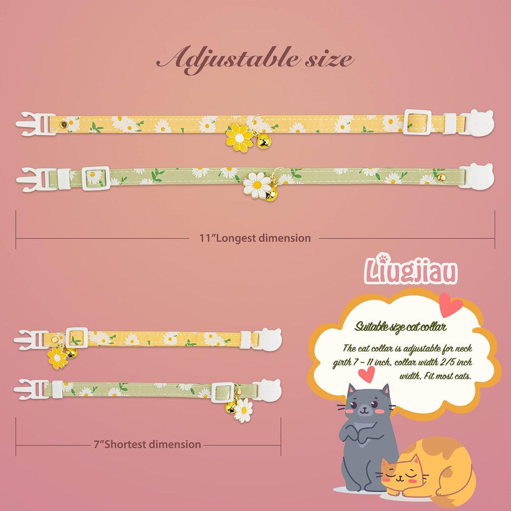 2 Pack Cotton Breakaway Cat Collar with Bell Yellow&Green Flowers Pendant Cute Kitten Cat Collar Suitable for Girls and 