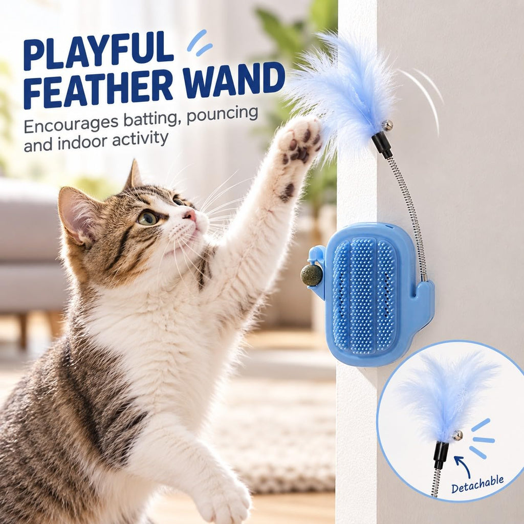 Cat 3/2-in-1 Cat Arch Self Groomer with Feather Wand，Blue