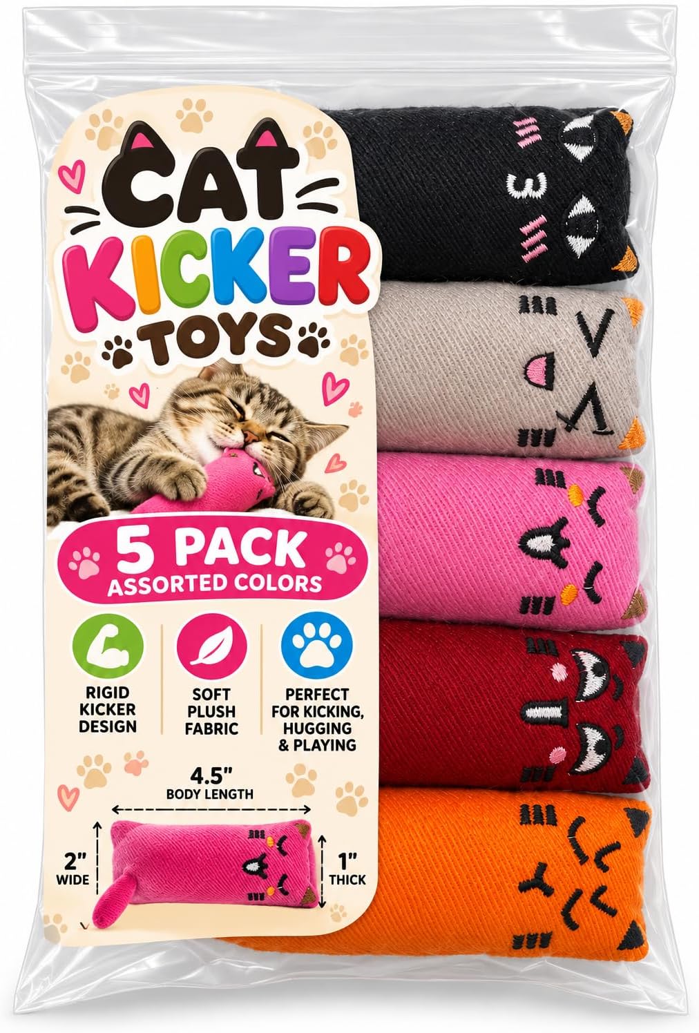 5 Pack Cat Kicker Toys, Soft Plush Cat Toys, Assorted Colors, Plush Toys