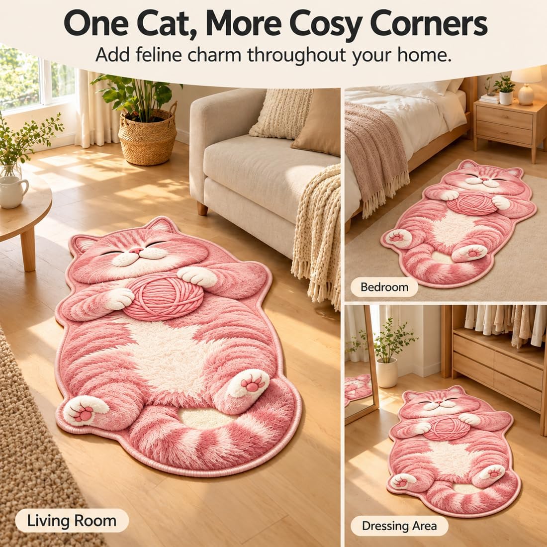 3D Cat Shaped Rug, Plush Sleeping Cat Floor Mat, Non-Slip Room Decor