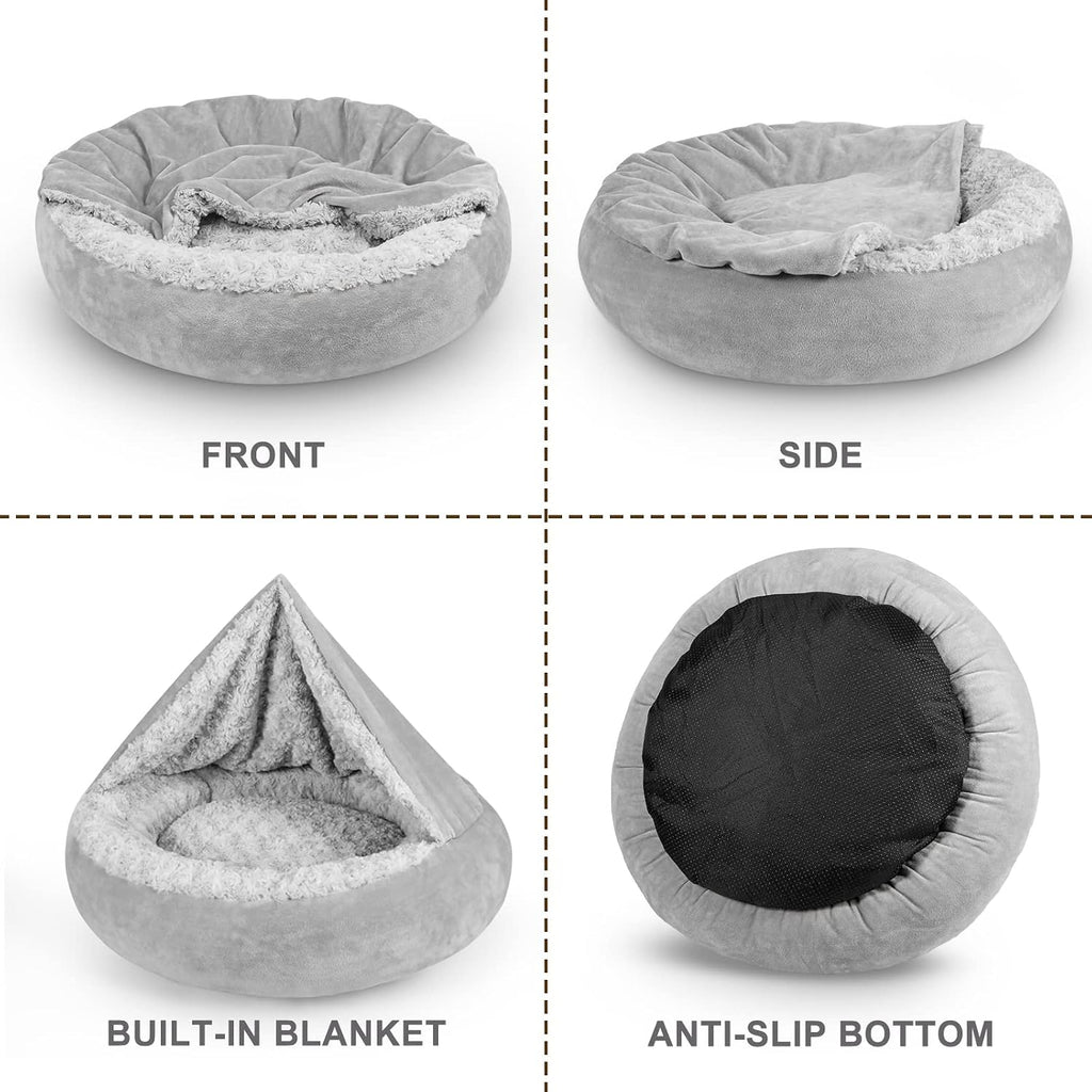 JOEJOY Small Dog Bed Cat Bed with Hooded Blanket, Cozy Cuddler Luxury Puppy Pet Bed, Donut Round Calming Anti-Anxiety Do