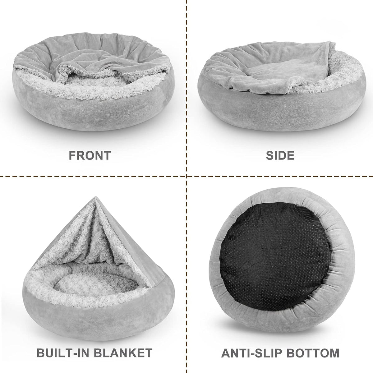 JOEJOY Small Dog Bed Cat Bed with Hooded Blanket, Cozy Cuddler Luxury Puppy Pet Bed, Donut Round Calming Anti-Anxiety Do