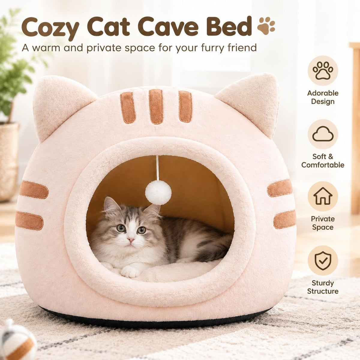 Cat Bed Cave Enclosed Cat Beds for Indoor Cats, Washable Covered Hideaway (Light Pink, L)