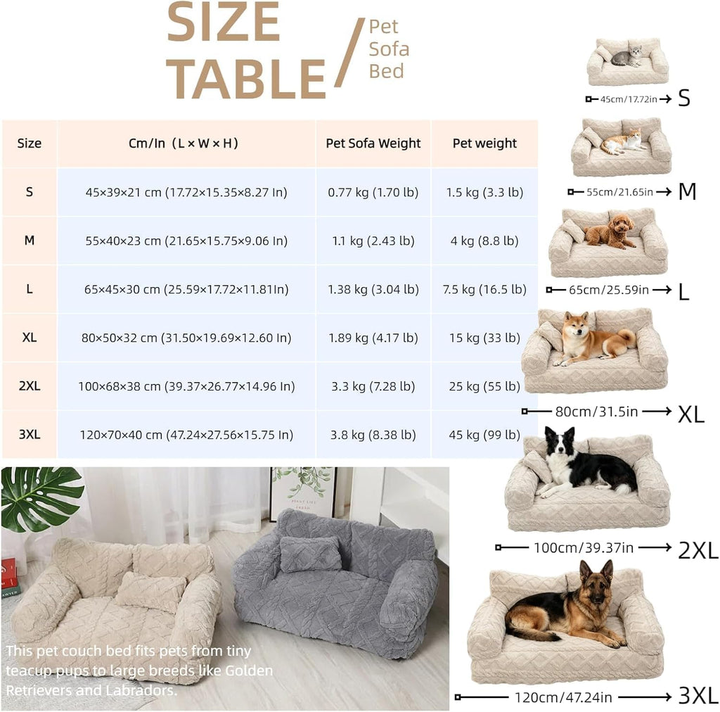 Pet Sofa Dog Cat Plush Calming Pet Sofa Bed for Indoor (Khaki, Small)
