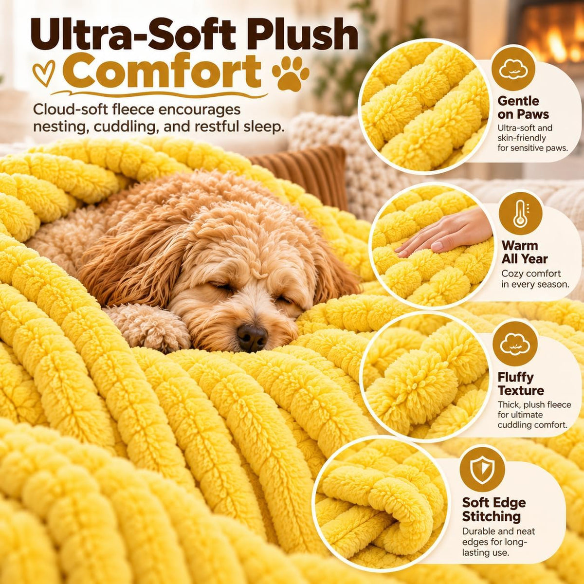 Emotional Support Dog Blanket, Yellow Soft Blanket for Crates Beds Travel (S)