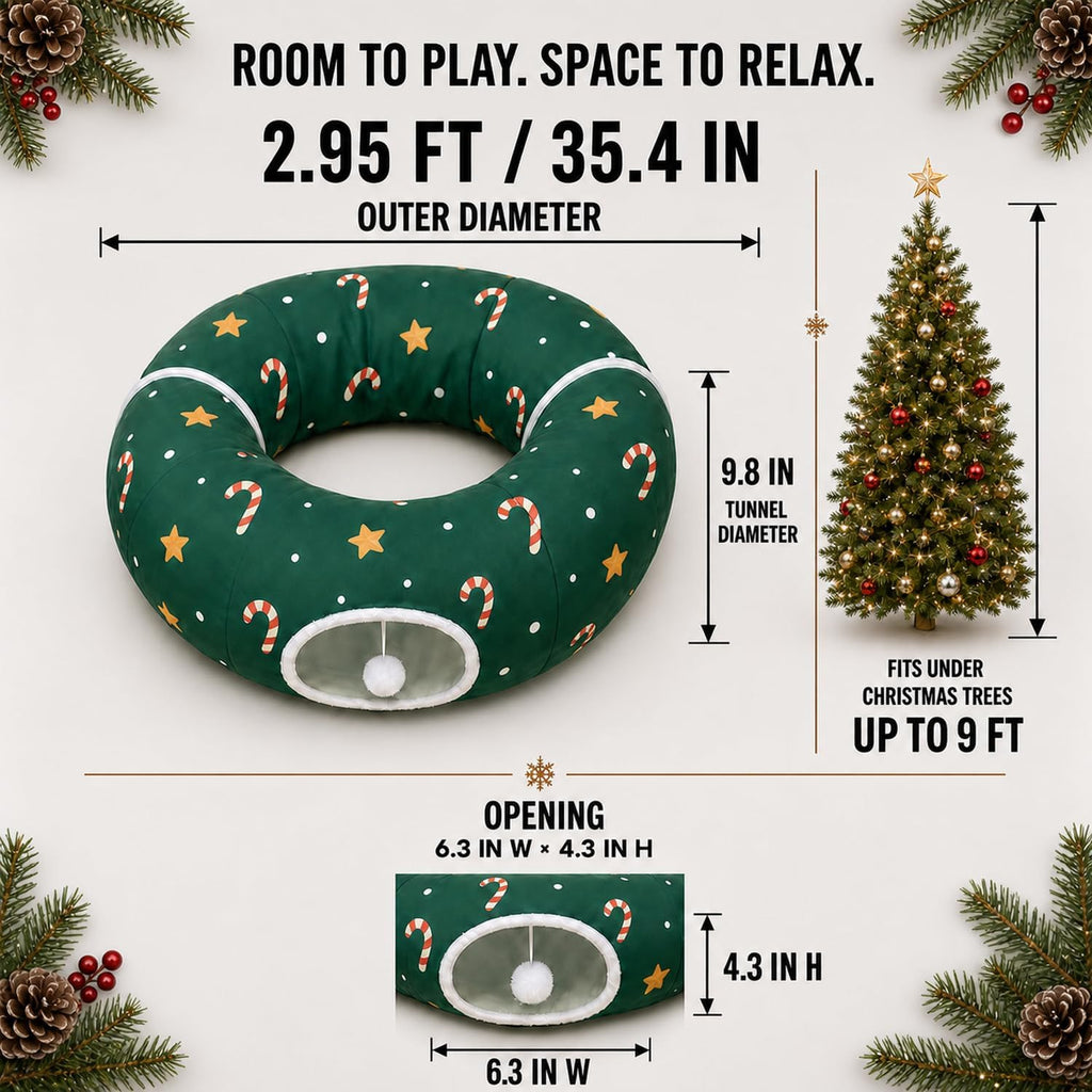 Cat Tunnel Under Tree in Christmas Style with Star, Crutches Candy, and Snowflakes Patterns - 3FT x 3FT x 9.8 INCH Size 