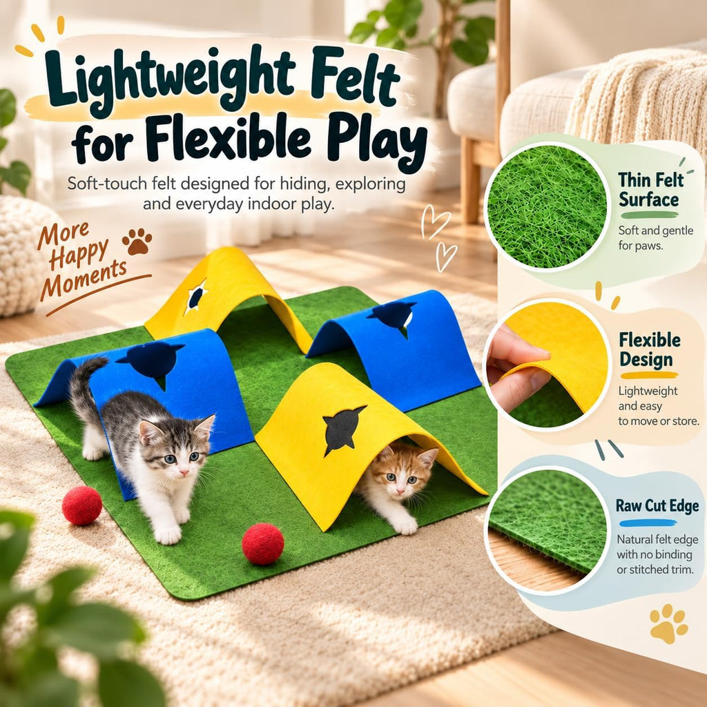 35.4" 4-Way Cat Tunnel for Indoor Cats, Colorful Felt Mat with Hidden Ball