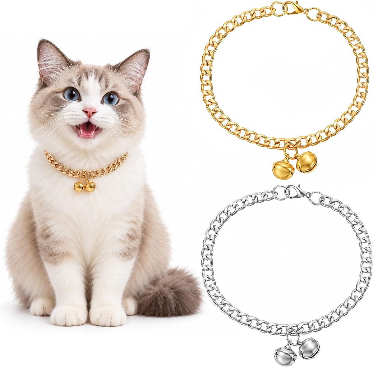 2 PCS Gold Cat Chain Collar with Bells Silver Cat Collar with Bell