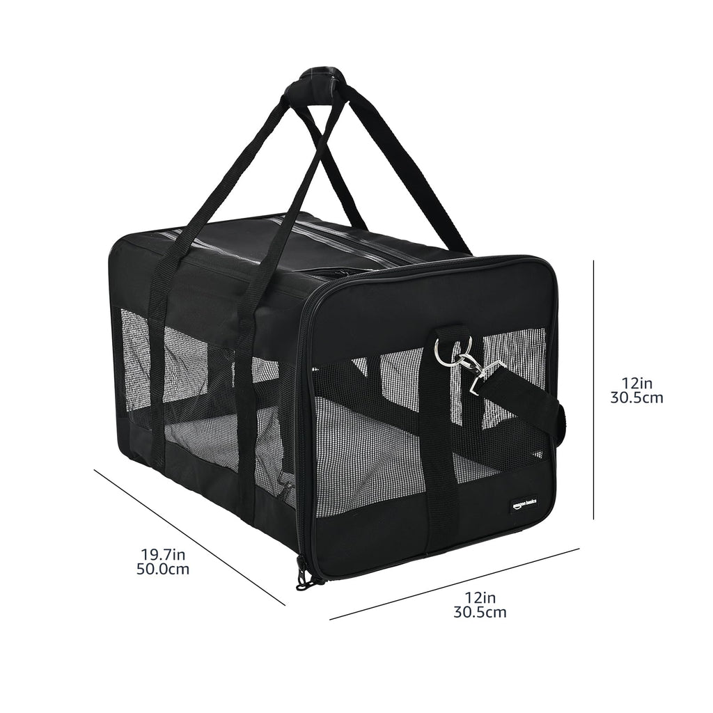 Amazon Basics Airline Approved Soft-Sided Mesh Pet Travel Carrier with Shoulder Strap, Removable Washable Fleece Pad, Top Opening, Ventilation for Dog, Cat, up to 22 pounds, 19.7Lx12Wx12H in., Black