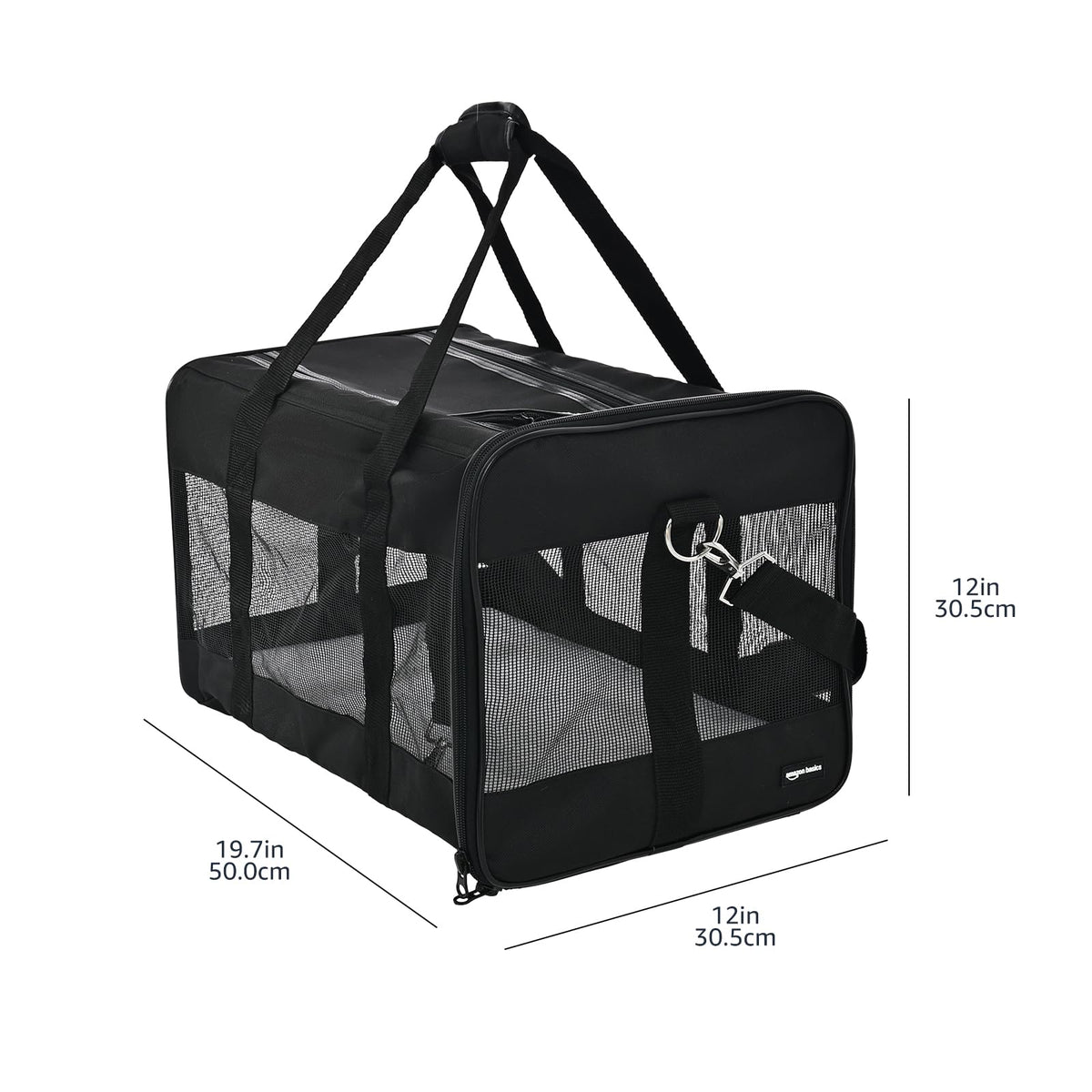 Amazon Basics Airline Approved Soft-Sided Mesh Pet Travel Carrier with Shoulder Strap, Removable Washable Fleece Pad, Top Opening, Ventilation for Dog, Cat, up to 22 pounds, 19.7Lx12Wx12H in., Black