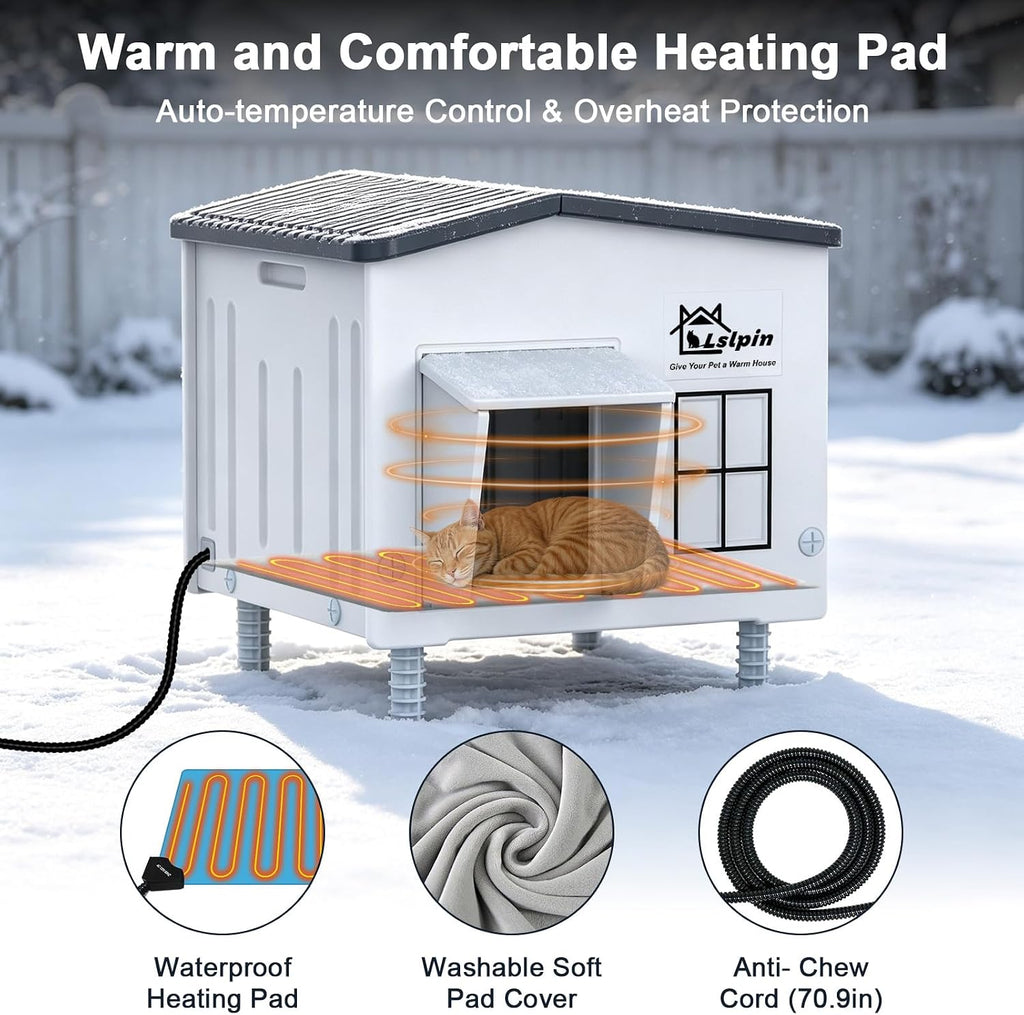 Heated Cat House for Outside Cats in Winter, Indestructible Heated Outdoor Cat House Weatherproof with Elevated Feet & E
