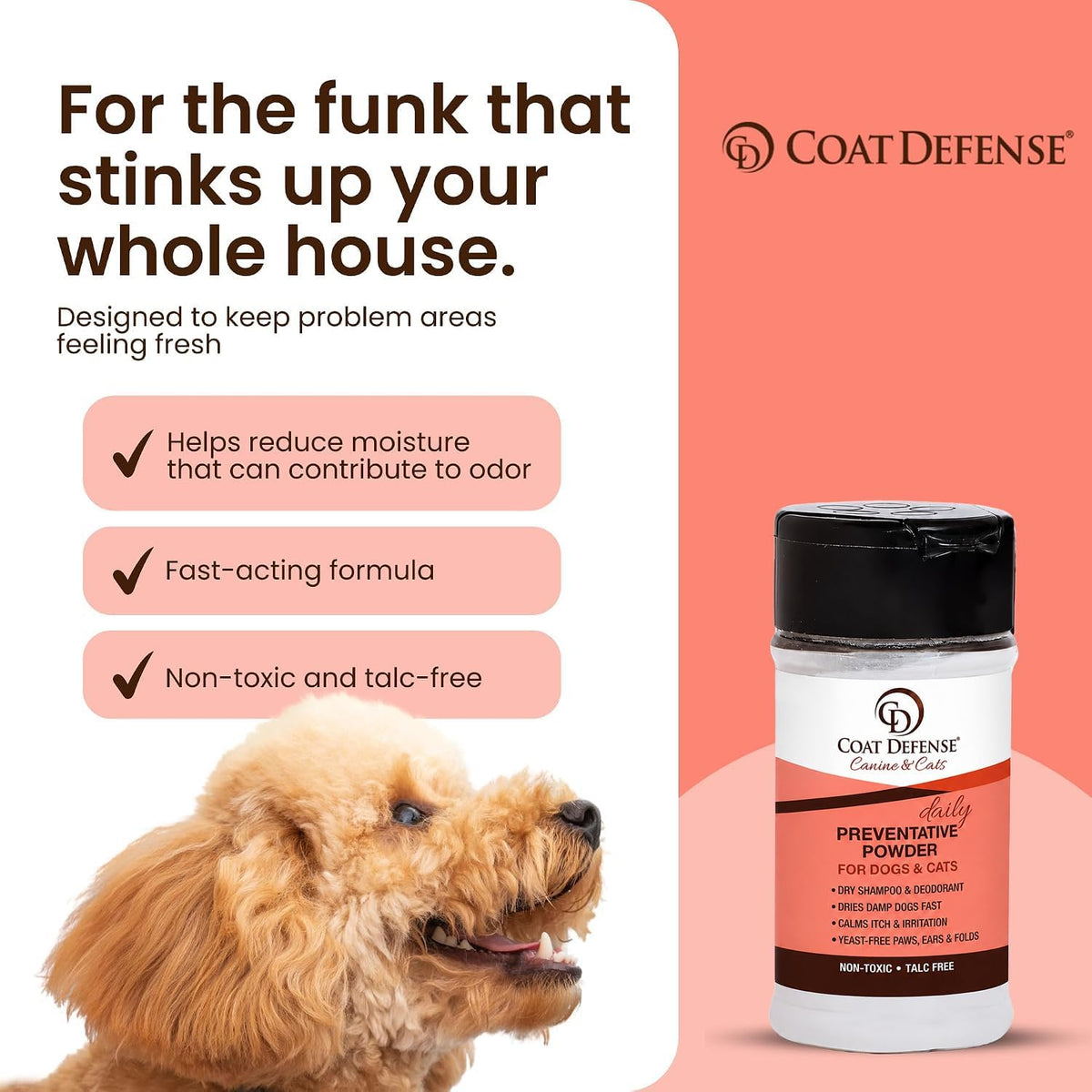 COAT DEFENSE Daily Preventative Powder | Made in USA | 3.5oz Waterless Dog Shampoo & Pet Deodorizer for Smelly Dogs | Pr