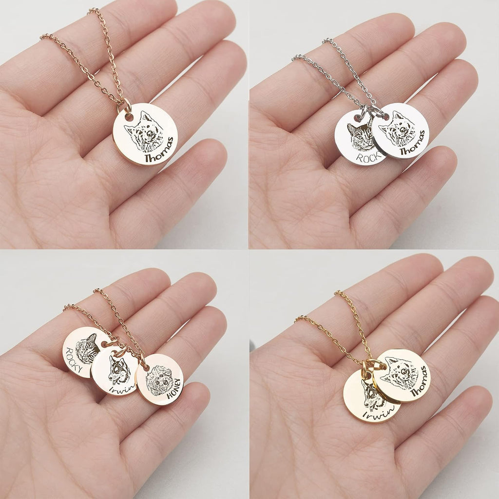 Anavia Personalized Pet Portrait Necklace, Handmade Memorial Jewelry Gift, Custom Round Disc Photo Engraved Necklace for