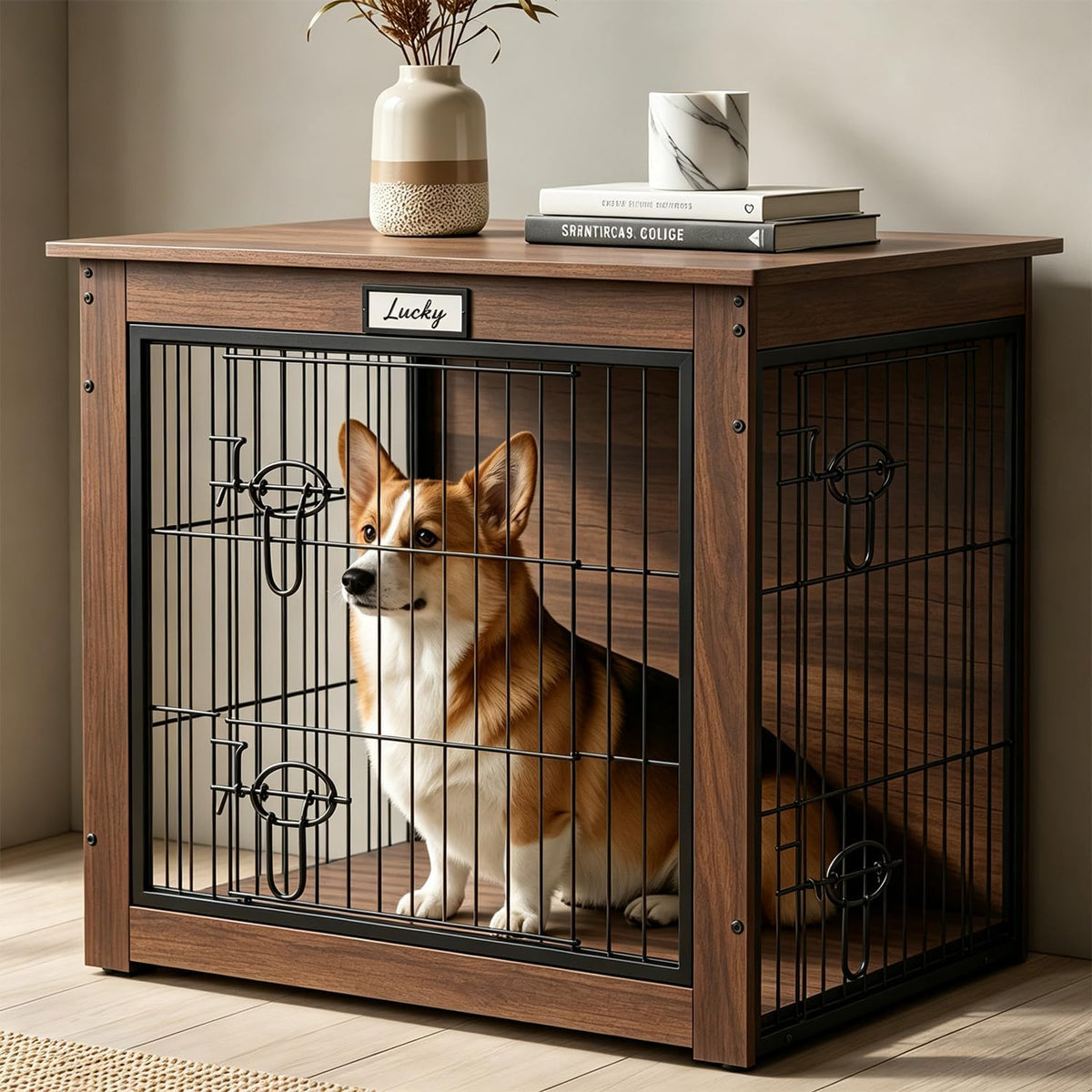 Dog Crate Furniture with Reversible Side Door, 28'' Heavy Duty Wooden Dog Kennel Indoor for Small Medium Dogs, Furniture