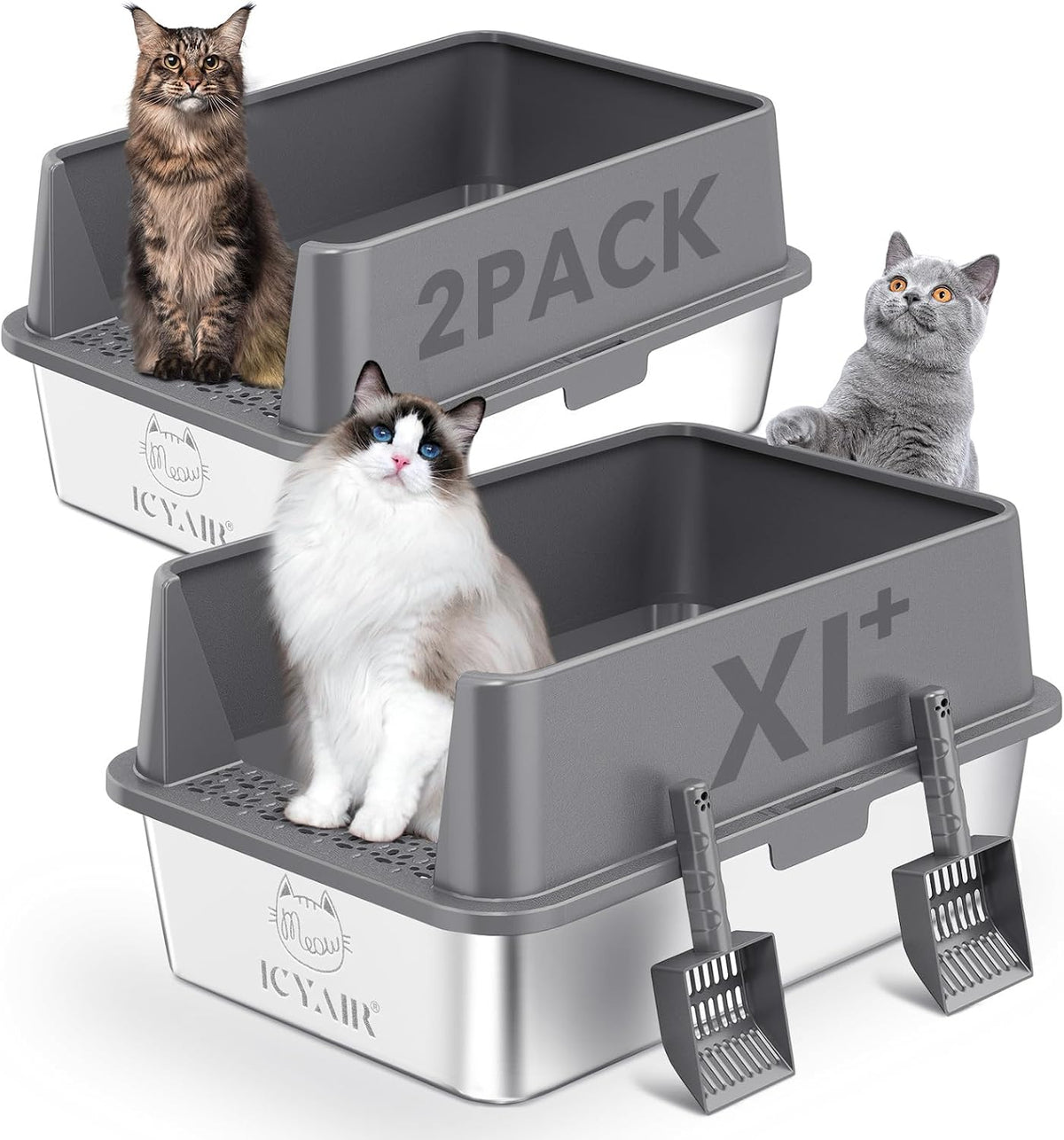 2PACK Stainless Steel Cat Litter Box with High Sides Lid, Extra Large XL Litter Box for Big Cats, Metal Kitty Litter Box