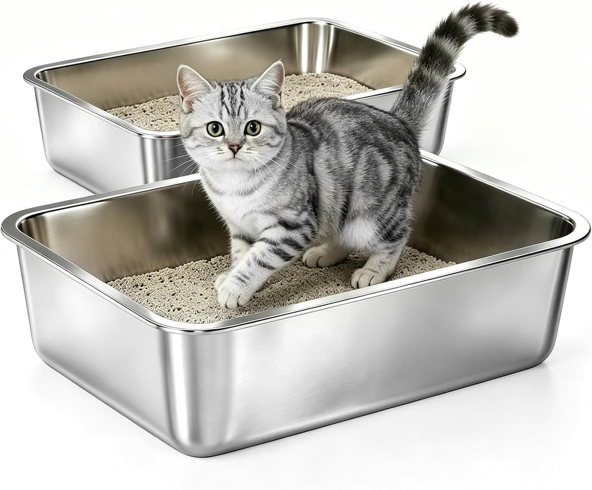 Stainless Steel Litter Box Kitten,Metal Cat Litter Box Low Entry,4" H