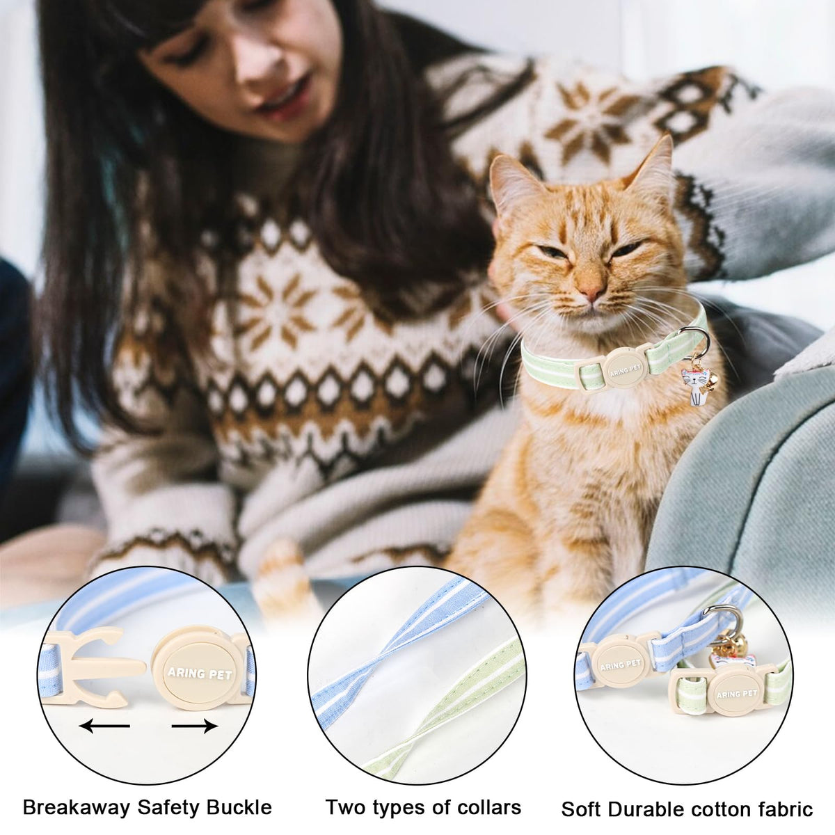 ARING PET 2 Pack Cat Collar-Cute Cotton Cat Collar Breakaway with Bell & Pendant, Adjustable Blue Green Striped Kitten Collars with Safety Buckle for Girl and Boy Pets