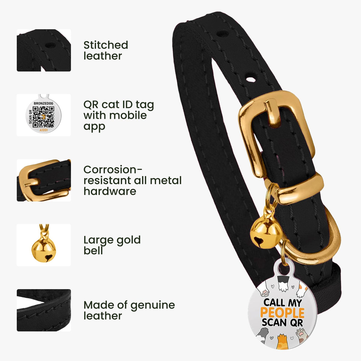 Leather Cat Collar, Removable Bells, QR Tag (7-9", Black & Gold)