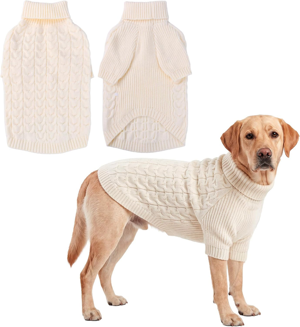 Dog Sweater Turtleneck Cable Knit Pet Sweater for Medium Large Dogs Soft Warm Cream White Dog Winter Clothes with Sleeve