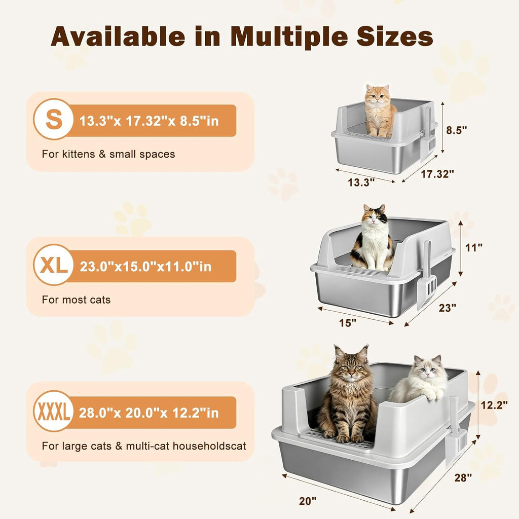 AIPERRO Stainless Steel Litter Box with Lid | XL Metal Enclosed Cat Litter Boxes with High Sided for Big Cats | Anti-Uri