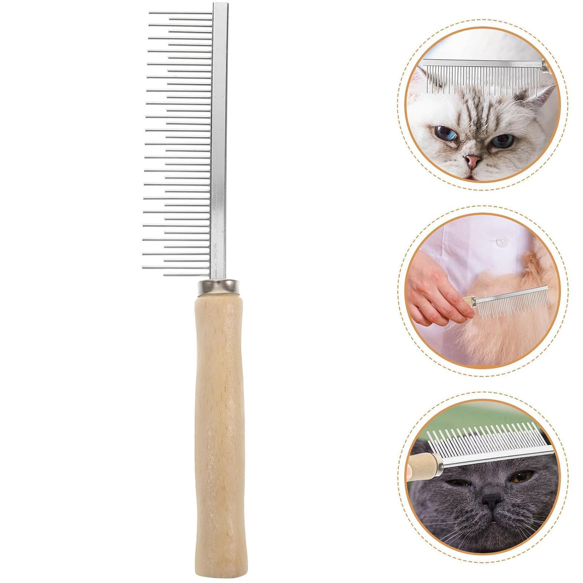 Dog Cat Grooming Comb, Stainless Steel Teeth, Wooden Handle, Fine Tooth