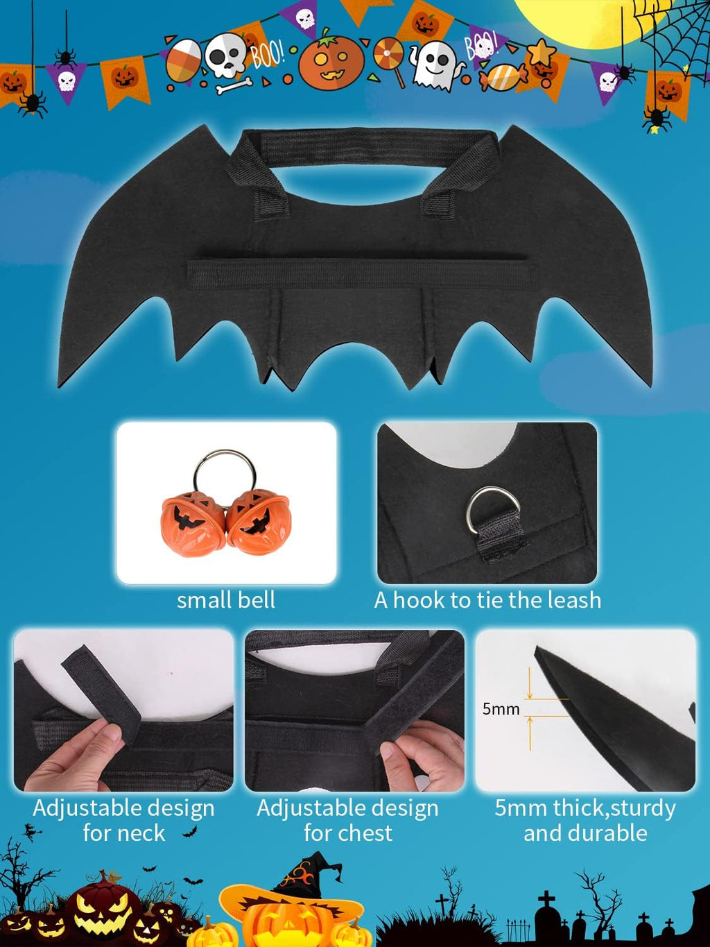 Halloween Dog Bat Wings Costume, Pet Halloween Cosplay Apparel, Adjustable Fit for Large Dogs (L)