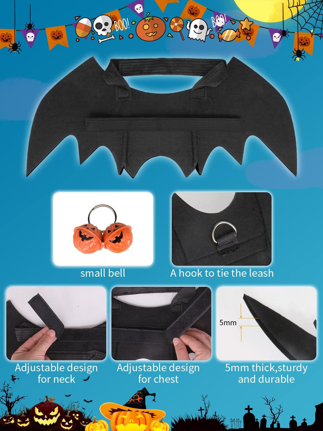 Halloween Dog Bat Wings Costume, Pet Halloween Cosplay Apparel, Adjustable Fit for Large Dogs (L)