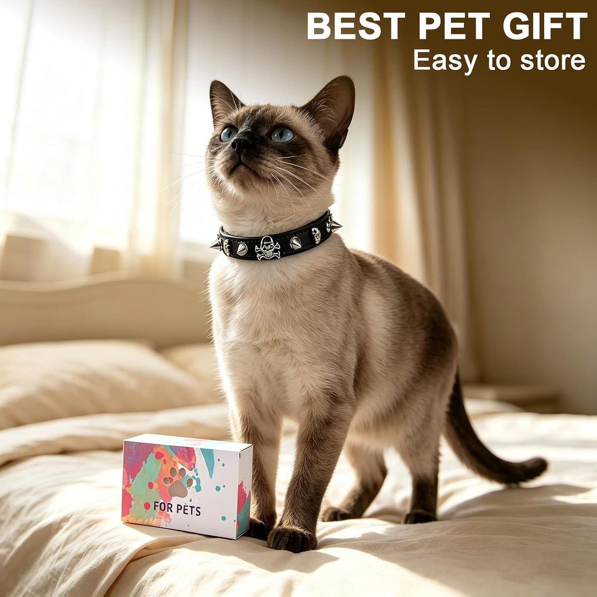 Leather Cat Collar for Girl Boy Cats,Black(Skull)