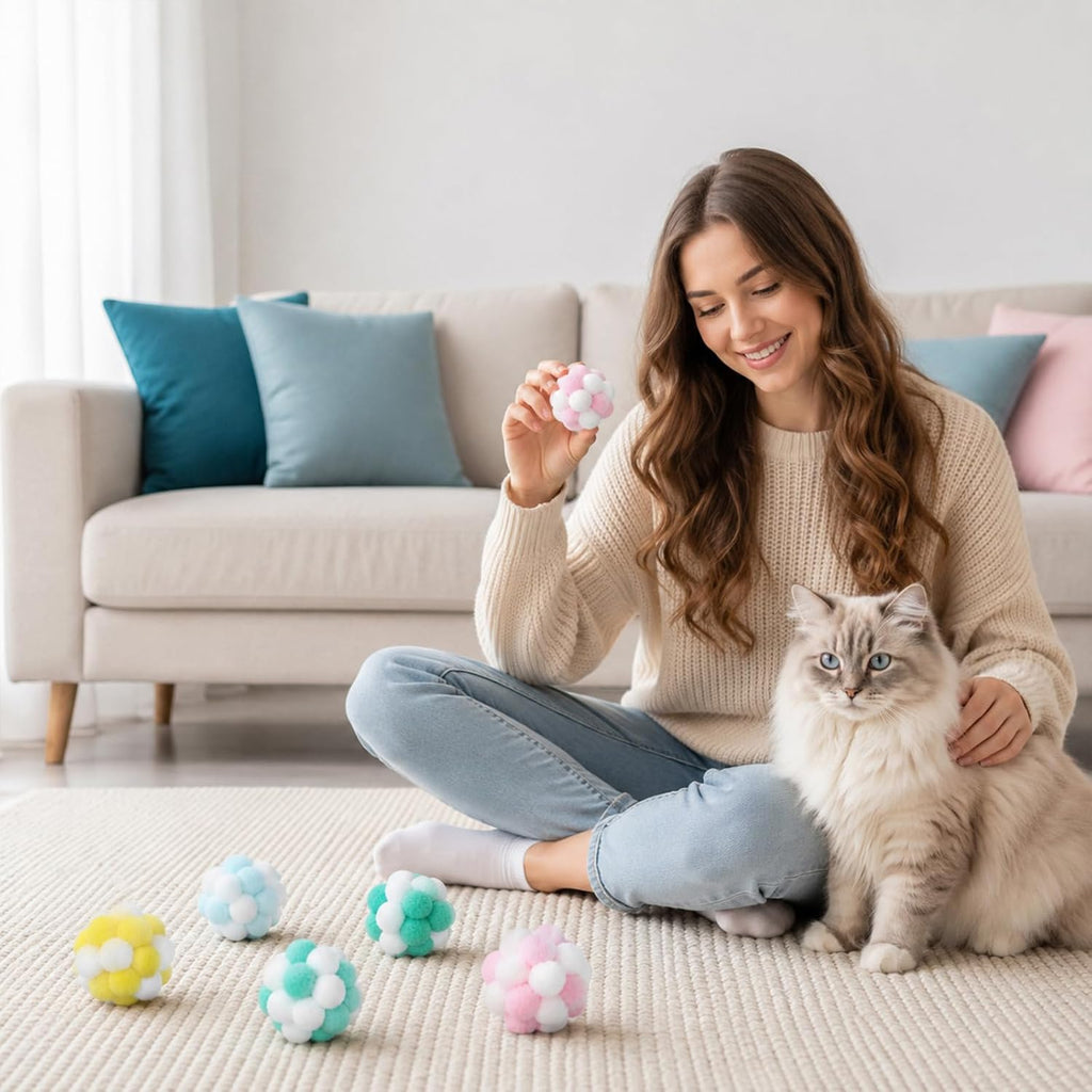 7 Pcs Interactive Cat Ball Toy Cat Pom Pom Balls with Bells