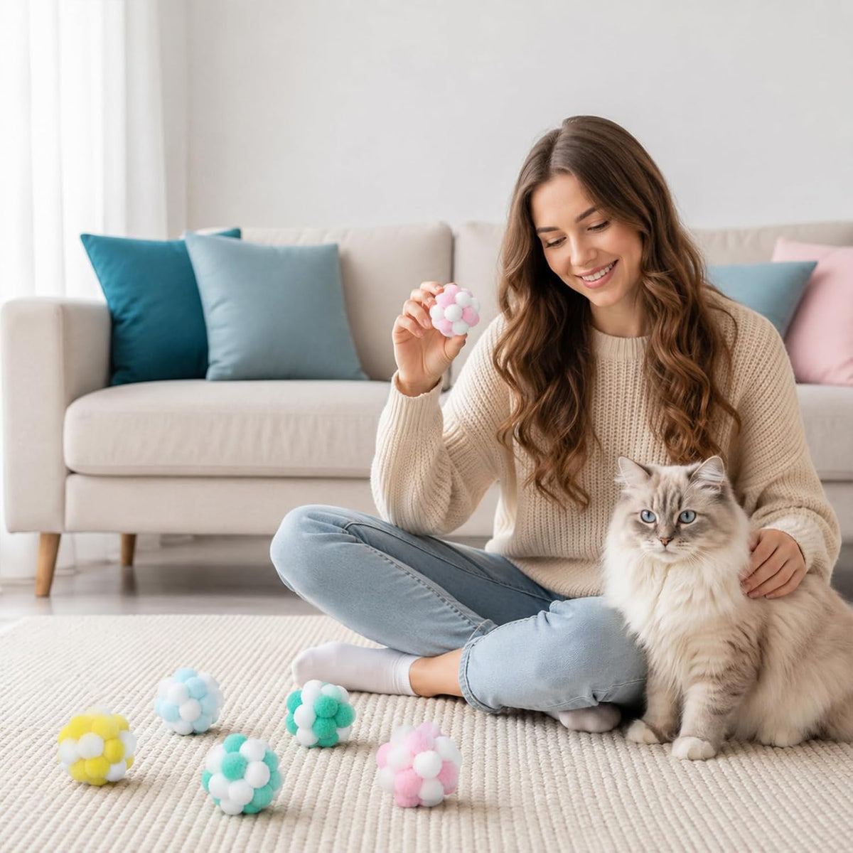 7 Pcs Interactive Cat Ball Toy Cat Pom Pom Balls with Bells
